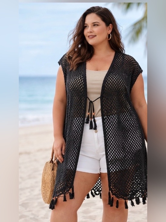 Indigo Thread Co Other - Boho Black Crochet Mesh Kimono Cover-Up Tassel Hem Plus Size 2X